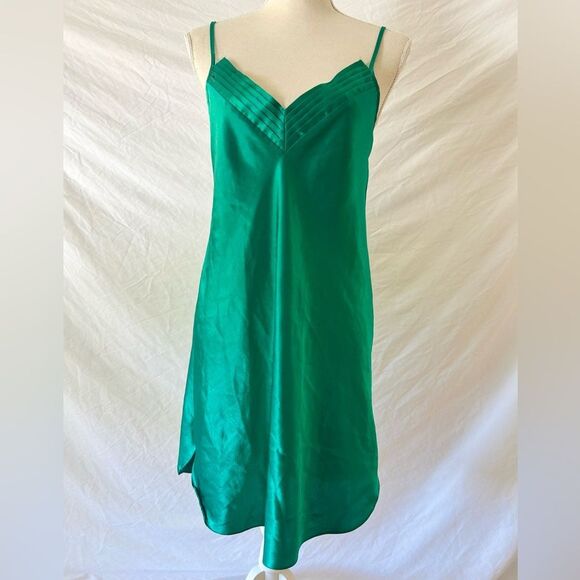 Vtg LAURA ADAMS Emerald Green Satin Spaghetti Strap Slip Dress Womens Y2K Small - Picture 1 of 7